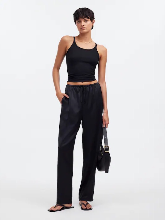 Madewell Black Satin Straight-Leg Drawstring Pants
